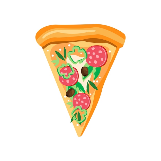 Ilustración de una rebanada de pizza triangular con pepperoni pimienta verde aceitunas queso mozzarella y hojas de albahaca Tema de comida rápida bocadillo sabroso con ingredientes frescos Icono vectorial plano aislado en blanco