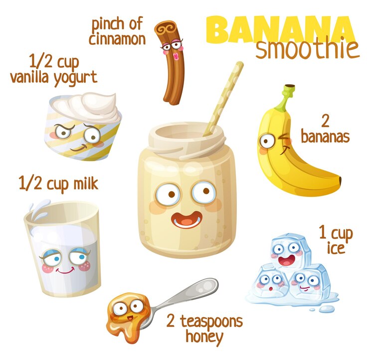 Vector ilustración de receta de batido con personajes divertidos iconos de vector de dibujos animados de ingredientes de batido aislados sobre fondo blanco