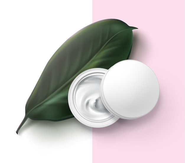 Ilustración del recipiente de tarro cosmético con crema blanca sobre hojas de hierbas verdes