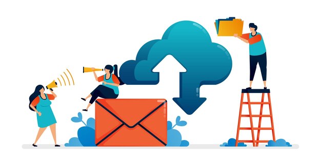 Ilustración de la red de descarga y carga de Internet en el sistema en la nube y los servicios de correo electrónico