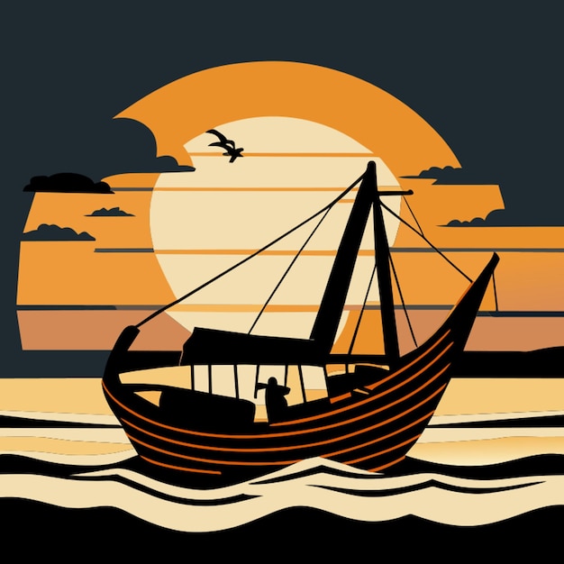 Ilustración de la red de pesca de grandes barcos en el plano vectorial 2