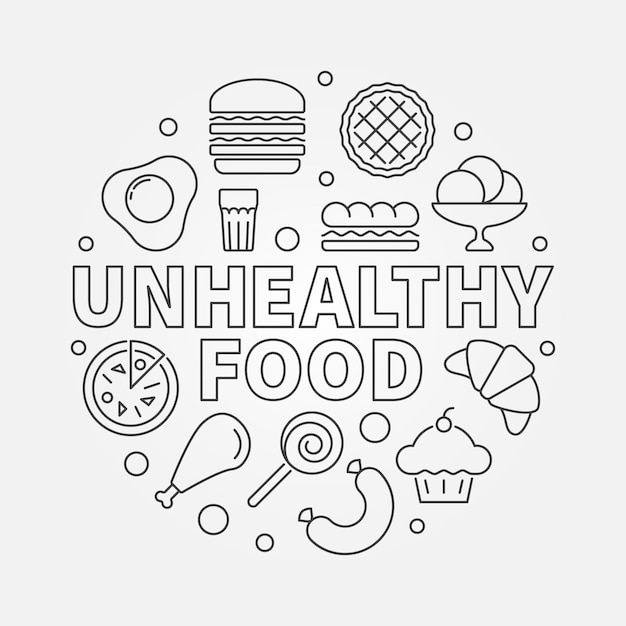 Ilustración redonda de alimentos no saludables Concepto de comida chatarra vectorial