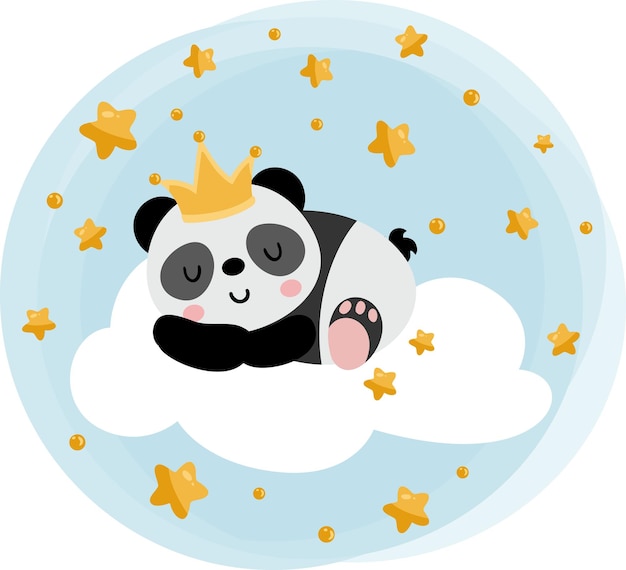 Ilustración redonda azul sueños dulces con el bebé panda durmiendo en la nube