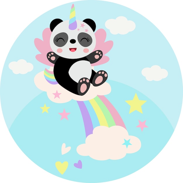 Vector ilustración redonda con un panda unicornio en un arco iris con nubes