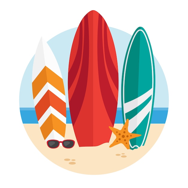 Vector ilustración redonda con tablas de surf en una playa