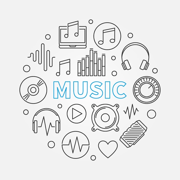 Ilustración redonda de vector de música hecha con símbolos de contorno