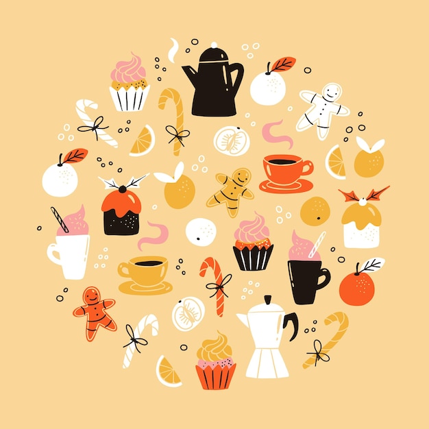 Ilustración redonda vectorial con bebidas navideñas y tazas de comida con café, té, chocolate caliente con crema batida y paletas de pastel de pan de jengibre y clementinas