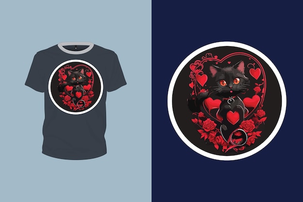 Ilustración redondeada de gato negro y rojo con corazón para diseño de camiseta archivo vectorial editable