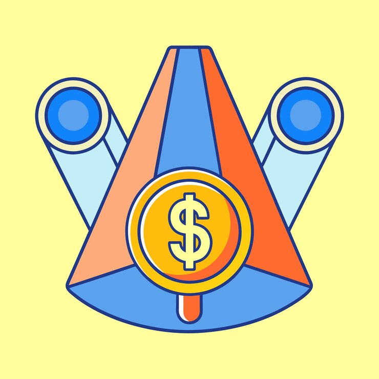 Una ilustración de un reflector que brilla en un gran signo de dólar