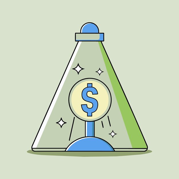 Una ilustración de un reflector que brilla en un gran signo de dólar