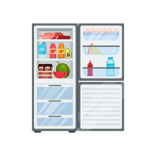 Ilustración de refrigerador abierto lleno de diferentes productos Almacenamiento de alimentos Refrigerador de cocina con congeladores Elemento gráfico para cartel promocional o pancarta Diseño de vector plano aislado sobre fondo blanco
