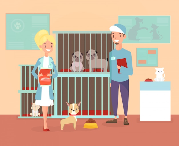 Ilustración de refugio de animales con personajes voluntarios con perros y gatos. Refugio, adoptar el concepto de mascotas. Felices mascotas en refugio con veterinarios en estilo plano de dibujos animados.