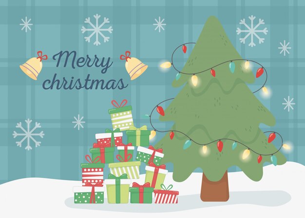 Ilustración de regalos y campanas de luz de árbol
