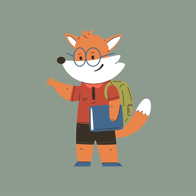 Ilustración de regreso a la escuela de animales zorro gracioso con mochila y libro personaje de dibujos animados vectorial