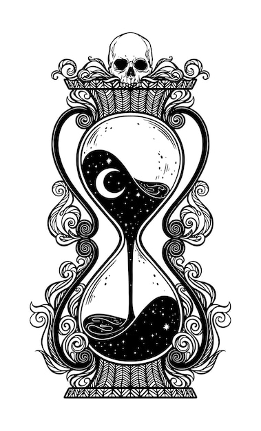 Ilustración de reloj de arena antiguo con calavera y estrellas