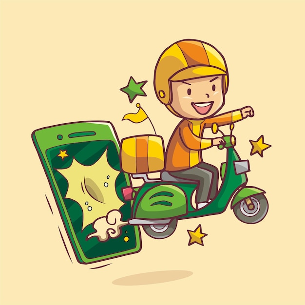 Ilustración de un repartidor que aparece desde un teléfono móvil enviando un pedido en una motocicleta
