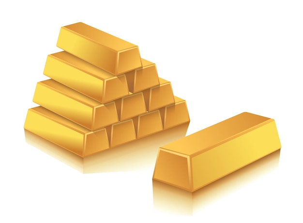 Vector ilustración de representación 3d realista de barras de oro apiladas en forma de pirámide como banca