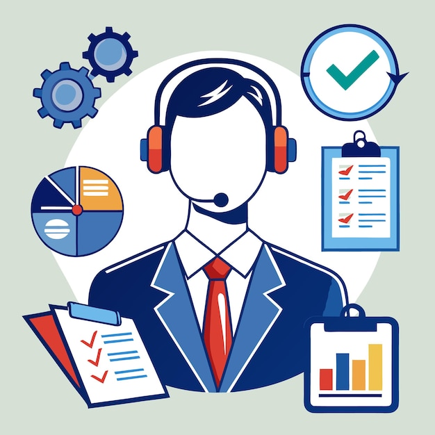 Una ilustración de un representante de servicio al cliente con íconos que representan tareas, procesos y análisis de datos