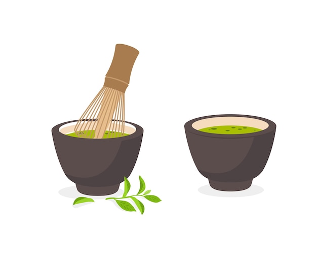 Ilustración de las reservas de té verde matcha japonés en polvo
