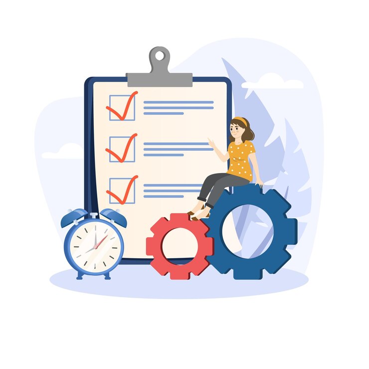 Vector ilustración de responsabilidad lista de comprobación para la finalización del trabajo plan de revisión y concepto de logro de pie con lápiz después de completar todas las tareas lista de comprobación.