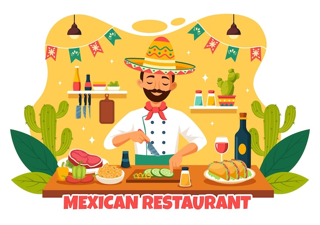 Ilustración de un restaurante de comida mexicana con varios de los deliciosos tacos de la cocina tradicional Nach