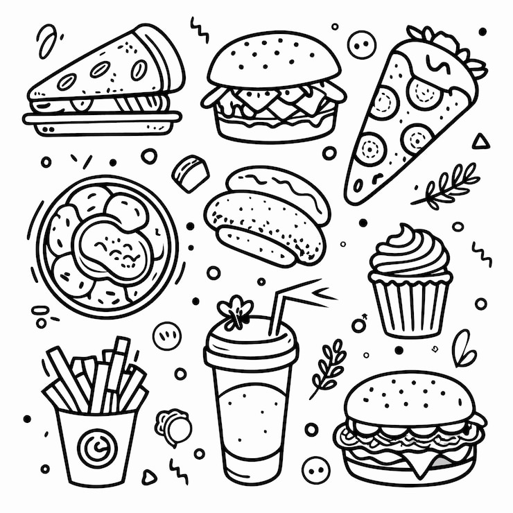 Vector ilustración resumida de varios artículos de comida rápida pizza hamburguesa perrito caliente patatas fritas bebida y pastel