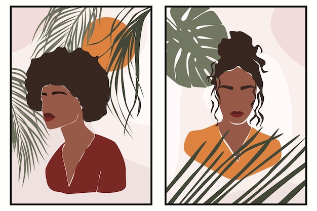 Ilustración de retrato abstracto de mujer africana con hojas tropicales cartel de mediados de siglo fondo de estilo boho moderno