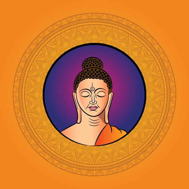 Ilustración de retrato de Lord Buddha con arte de mandala y fondo naranja amarillo