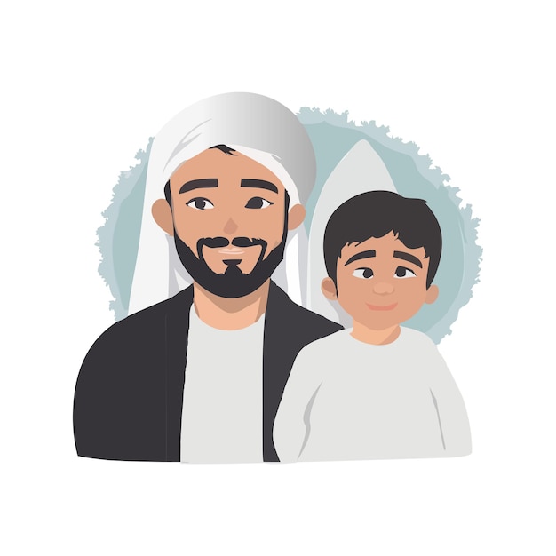 Vector ilustración del retrato de un padre musulmán y su niño feliz día del padre