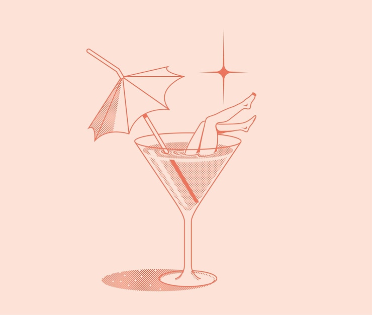 Ilustración retro del concepto de vacaciones de verano con copa de cóctel de verano con paraguas y piernas de mujer