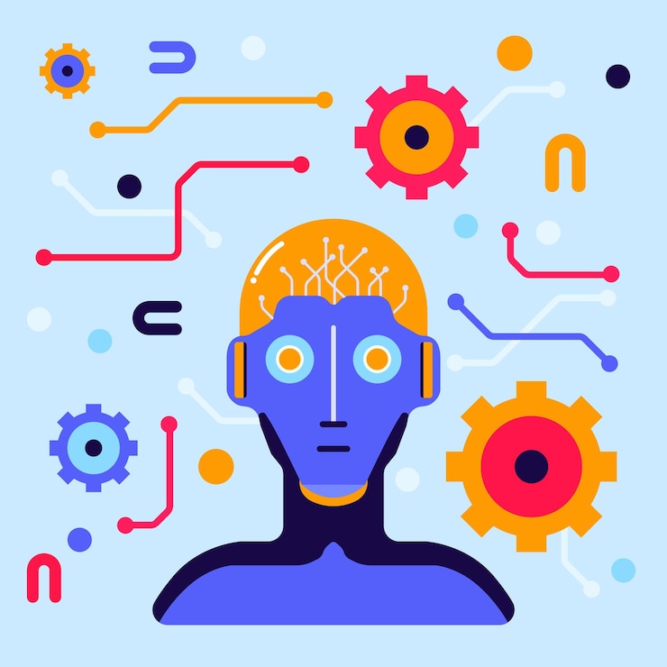 Vector ilustración retro dibujada a mano de vector libre con un robot con inteligencia artificial