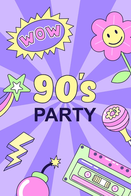 Ilustración retro de la fiesta de póster vintage de los años 90 con contorno en ilustración vectorial de estilo de los años 1990