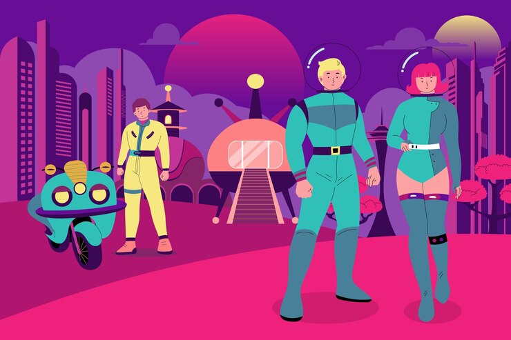 Vector ilustración retro futurista en estilo dibujado a mano