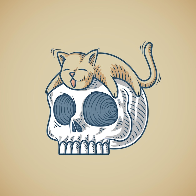 Vector ilustración retro de gato beige acostado en el cráneo