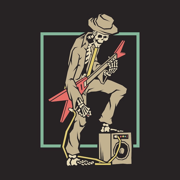 Vector ilustración retro del guitarrista esqueleto