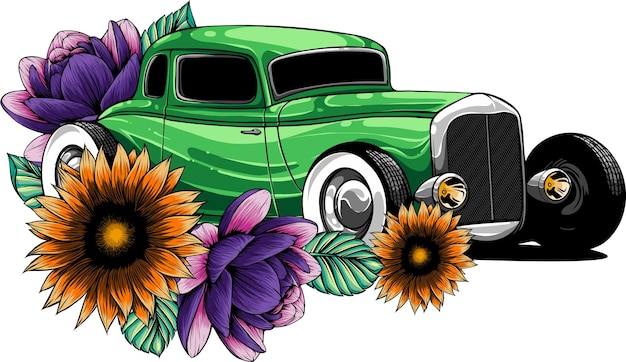 Vector ilustración de retro hot rod con flor