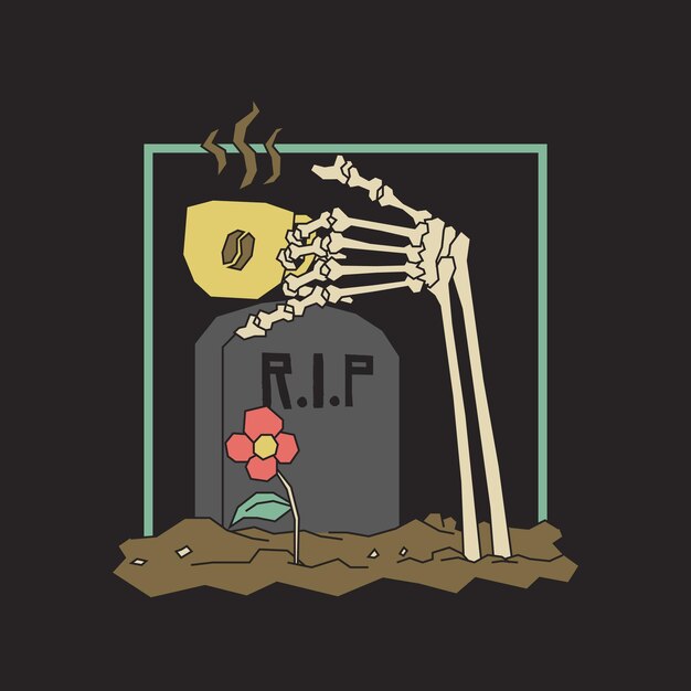 Ilustración retro de la mano del cráneo sosteniendo una taza de café