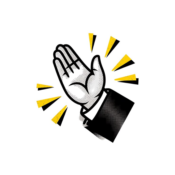 Vector ilustración retro de medio tono de una mano aplaudiendo con acentos amarillos y formas de movimiento