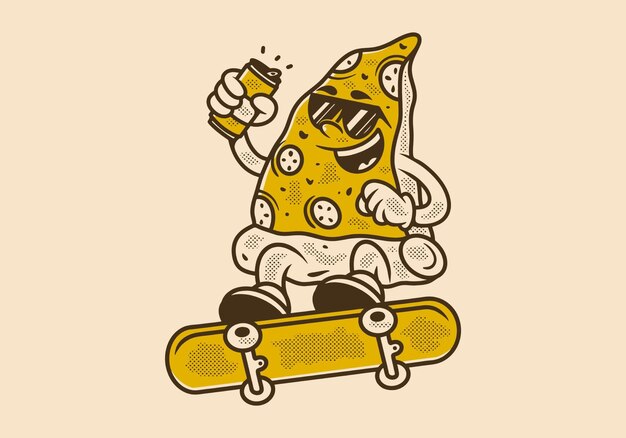 Ilustración retro del personaje de la pizza saltando en patineta