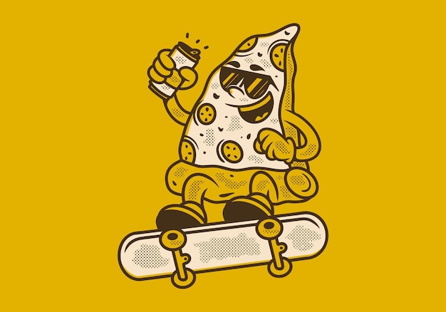 Vector ilustración retro del personaje de la pizza saltando en patineta