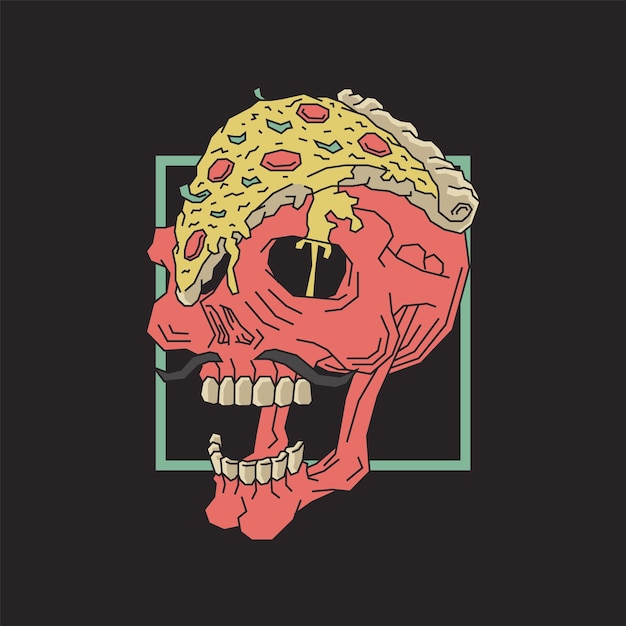 Vector ilustración retro de pizza derramada sobre la cabeza del cráneo