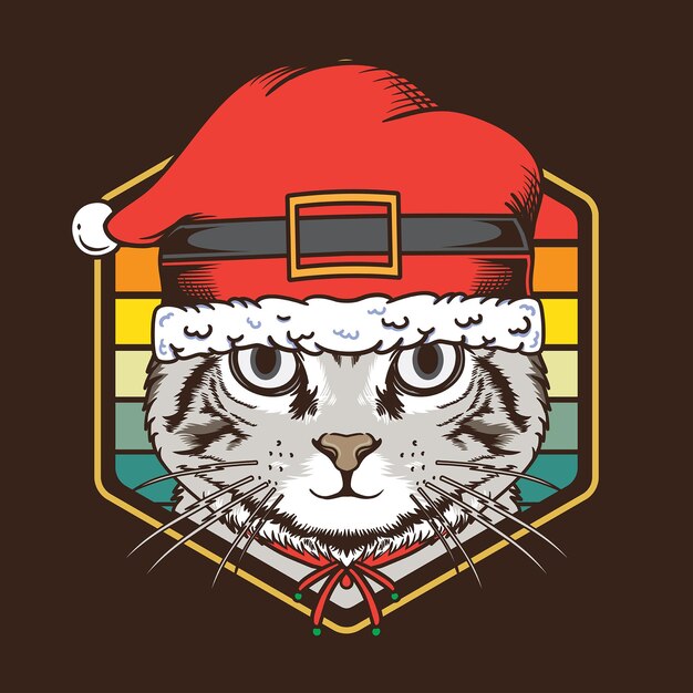 Ilustración retro del sombrero de santa del uso del gato de la puesta del sol del vintage