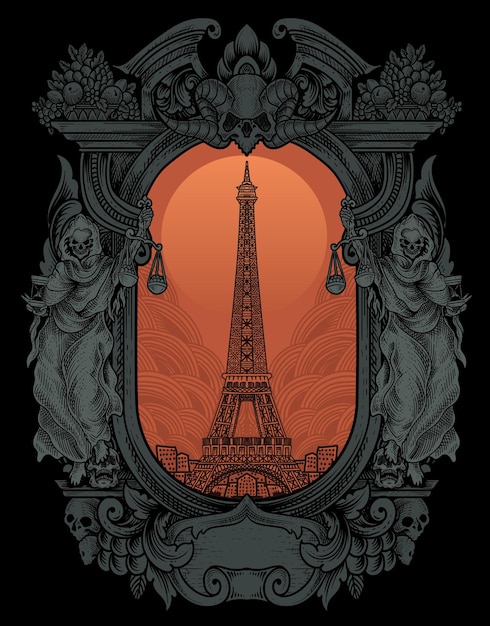 Ilustración retro torre eiffel con estilo vintage