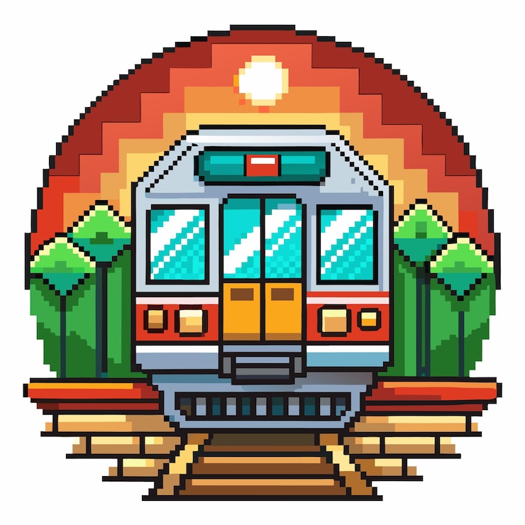 Vector ilustración retro de tren de pixel art con fondo de puesta de sol y árboles