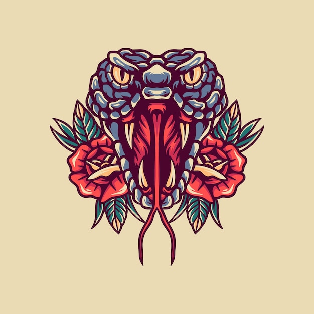Ilustración retro de víbora y rosas