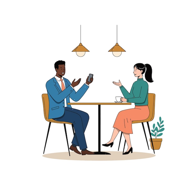 Ilustración de una reunión de negocios Dos personas discutiendo algo por teléfono