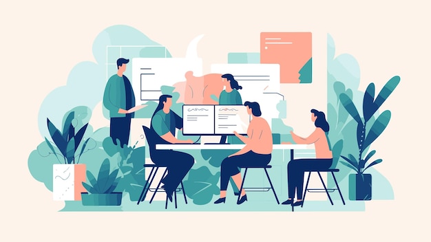 Ilustración de una reunión de personas en el trabajo de oficina