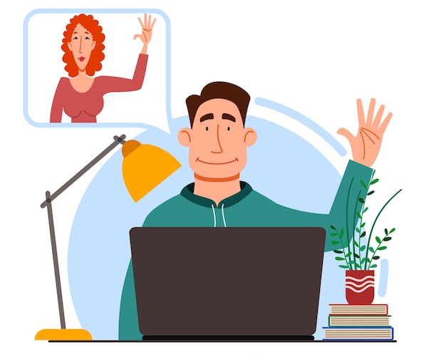 Ilustración de una reunión virtual con diferentes personas que saludan