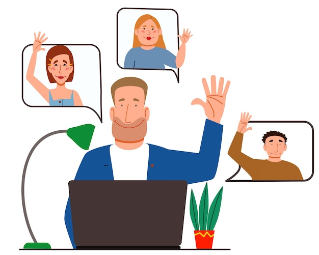 Vector ilustración de una reunión virtual con diferentes personas que saludan