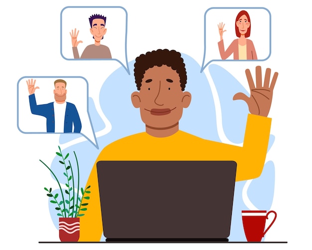 Vector ilustración de una reunión virtual con diferentes personas que saludan